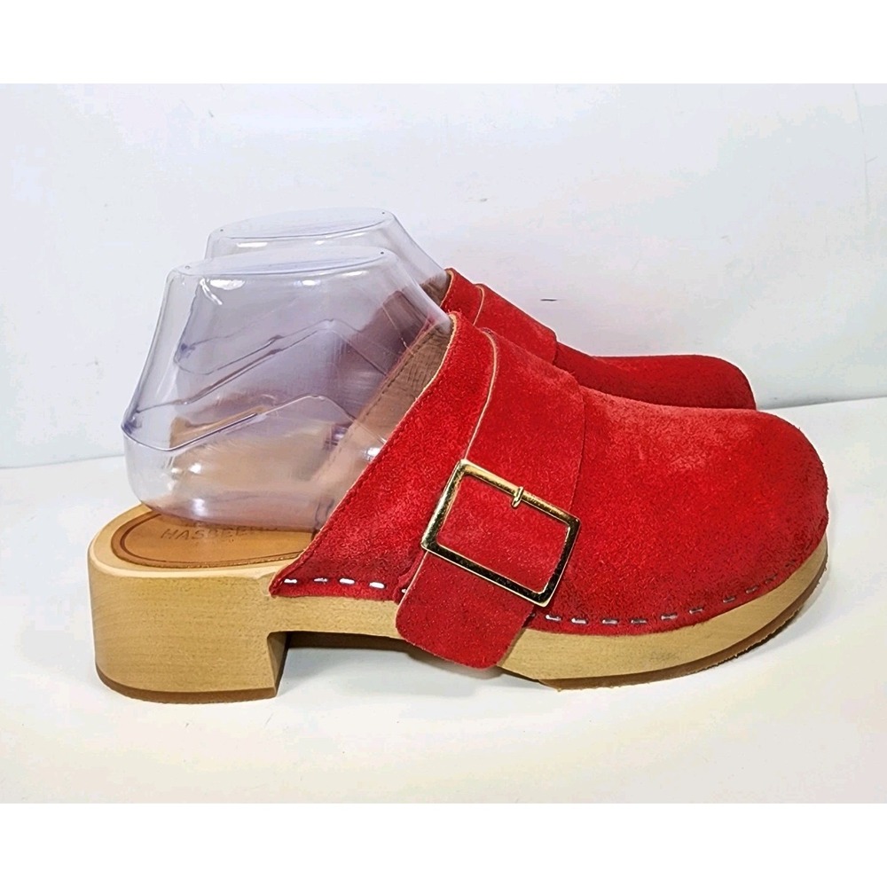 Swedish Hasbeens Red Suede Classic Clogs Womens 38 US 8 Buckle EUC